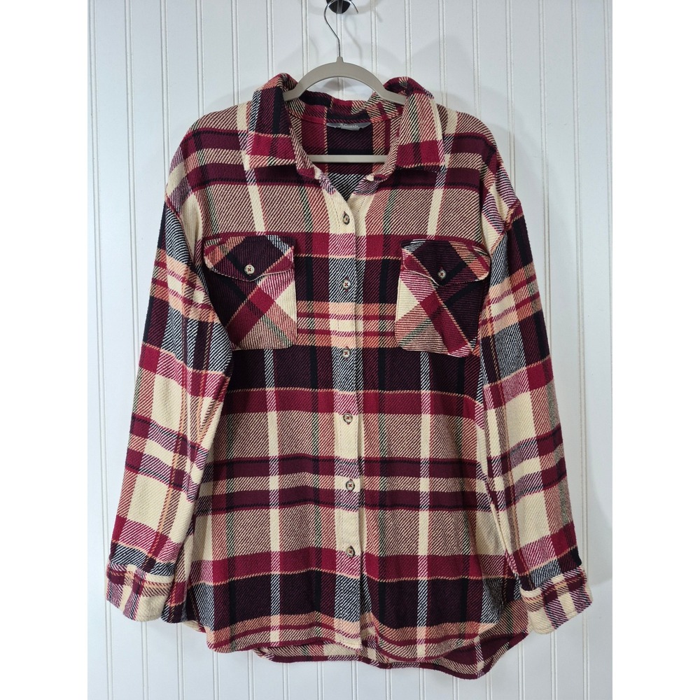 Natural Reflections XL Plaid Thick Flannel Shirt Burgundy Cotton Button Up